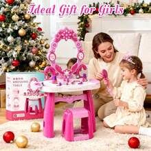Juego de mesa y silla de cambiador para niños pequeños mesa de maquillaje para niñas con luces de espejo y música juguetes de vestir con secador de pelo corona de princesa y varita bolsa de - Rosa - Ver 6