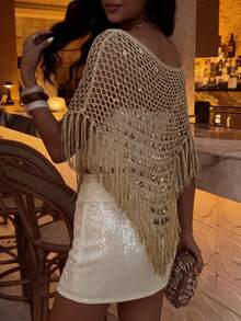 Sexy Hollow Out Fashion Multi-Way Wear Fitted Sequin Fringe Shawl, 2026 New Style, Women's Vacation Clothing, Summer Holiday, This Khaki Shiny Knit Hollow Out Shawl Is Perfect For Beach Vacation, Dating Casual Outings, Music Festivals And Various Holiday Activities. - Maroon - View 8