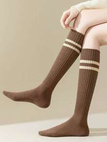 2 Pairs Women's Spring/Autumn Versatile College Style Compression Socks, Grey JK Mid-Calf Socks For Loafers, Youthful And Beautiful, Enhancing Leg Shape - Coffee Brown - View 3