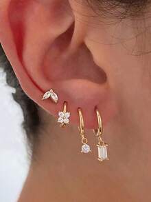 4件組單耳戴耳環套組，18K鍍金精緻立方氧化鋯不鏽鋼耳釘與銅耳環，低過敏性可疊戴耳環，可愛耳環套組，適合女性與女孩 - 4pcs Earrings set - 查看 14