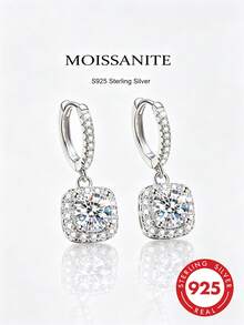 1 Pair 925 Sterling Silver 0.5*2 CT White Round Moissanite Elegant Women's Earrings, Couple Style Fashion Unique Creative Fresh Sweet Elegant Mature Casual Classic, Suitable For Graduation, Party, Vacation, Christmas, Mid-Autumn Festival - White - View 3