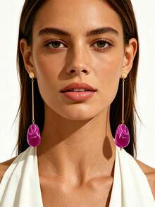 1 Pair Luxury Minimalist Vacation Style Gold-Plated Thin Long Dangle Faux Turquoise Teardrop Resin Pendant Earrings, Versatile Daily Date Beach Elegant Jewelry For Women - Golden Yellow + Purple - View 2