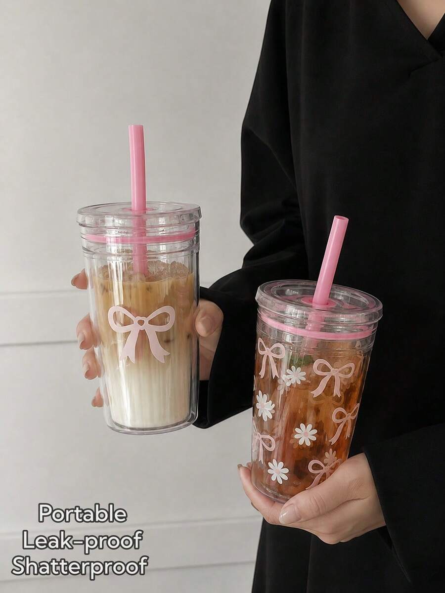 1個甜美風蝴蝶結雛菊印花透明吸管杯,粉色蓋防漏少女風冷飲杯,大容量自製奶茶杯,開學第一天適用 - 粉色 - 查看 1
