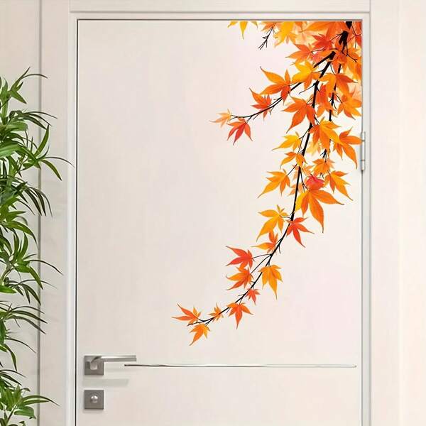 1pc Home Decoration Autumn Maple Leaf Wall Sticker Autumn Maple Leaves Theme Door Stickers PVC Self-Adhesive Waterproof Removable Peel And Stick 11.81*15.74in Suitable For Living Room Bedroom Refrigerator Glass Window Beautification