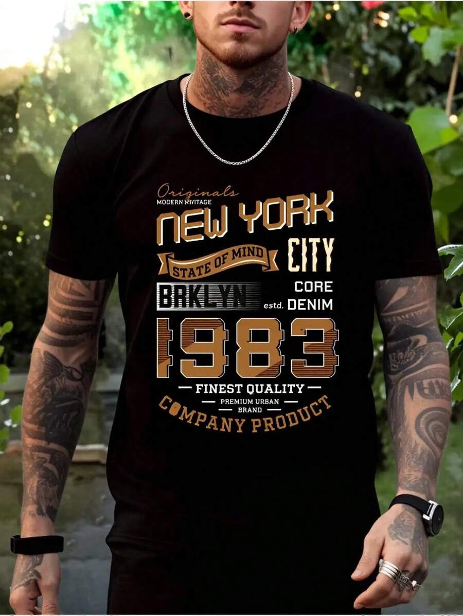 Women's Vintage Urban Style T-Shirt With New York City Brooklyn 1983 Print. Premium Quality For Everyday Wear In Spring And Autumn. Ideal Gift For Urban Fashion Lovers. ZHB5 - 黑色 - 查看 1