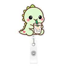 TONAVIETO 1pc Drinking Milk Tea Dinosaur Badge Reel Acrylic Retractable Badge Holder Clip With Swivel Alligator Clip For Nurses Doctors Office Worker Social Worker - Dinosaur - View 8