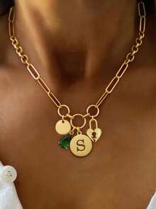 1PC Gold Luxury A-Z Letter Necklace, Unique Lock Tag And Green Diamond Letter Chain, Initial Letter Pendant,For Women's Exquisite Daily Work Decor - Yellow Gold - View 27