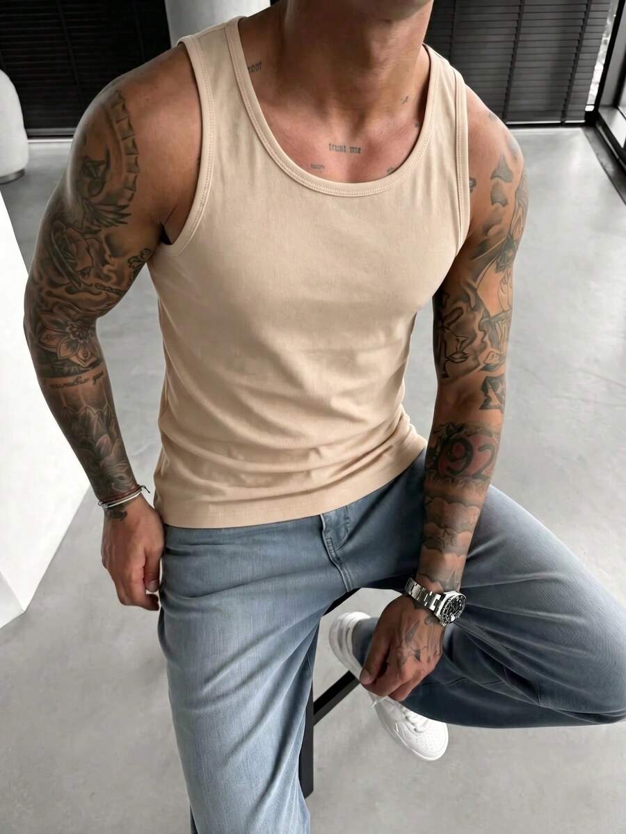 男士纯色健身背心，透气运动衫，适合健身房、跑步、训练 - 不透视背心，夏季运动休闲服，不透明面料