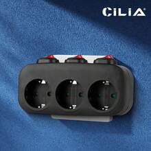 CILIA 1/2 Piezas Adaptador de Enchufe EU con 3 Tomas Schuko, Regleta con Interruptor Independiente, 3 Tomas Horizontales, Toma de Pared sin Cable, Toma Múltiple, Blanco/Negro - Ver 3