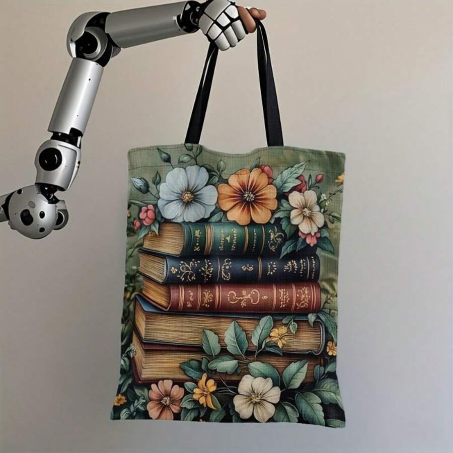 1pc One Shoulder Tote Bag, Floral Book Pattern, Durable And Lightweight, Multifunctional Shopping Shoulder Bag, Suitable For Book Lovers And Teachers