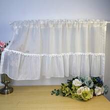 1pc French Cream Style White Pom Pom Trim Patchwork Short Curtain, Kitchen Window Atmosphere Cafe Curtain, Top Rod Pocket - Beige - View 7