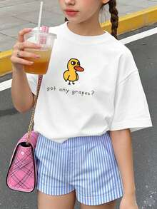 少女卡通印花T恤，適合女孩日常穿著，女童春夏季休閒百搭上衣 - 白色 - 查看 2