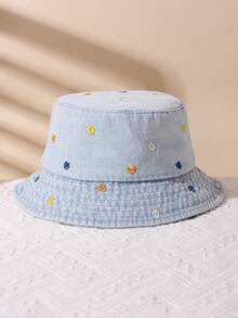 1pc Kids Embroidered Pattern Sun Protection Fashion Casual Distressed Bucket Hat Suitable For Outdoor Travel And Daily Use - Small Flowers - Light Blue - View 3