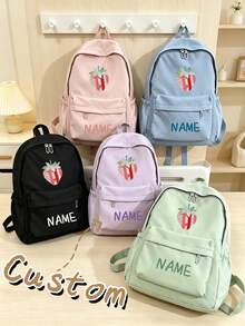 1 pieza Mochila personalizada y personalizada de gran capacidad, estampado de fresa simple y casual, cierre de cremallera de material de nailon, correas de hombro ajustables, portátil a mano, adecuada para la escuela, el transporte, las compras, los viajes al aire libre, el uso diario. Regalo de cumpleaños. - Multicolor - Ver 1