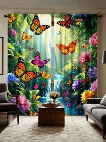 2 piezas Cortinas semitransparentes con paisaje de bosque y cascada natural, material de poliéster, con bolsillo para barra, estilo moderno, lavables a máquina, adecuadas para dormitorio y sala multiusos - Multicolor 5 - Ver 14