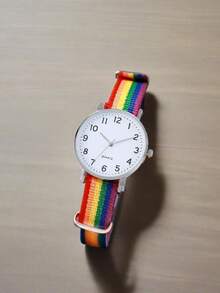 1pc Fashionable Personalized Minimalist Versatile Round Digital Dial Rainbow Nylon Strap Women's Quartz Watch - Silver - View 2