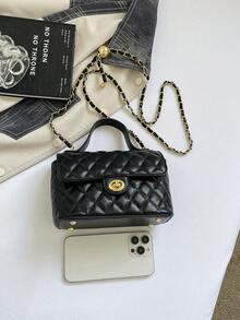 女款迷你絎縫刺繡小包，新款時尚百搭鏈條斜背包，精緻小方型手提包 - 黑色 - 查看 9