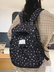 星星印花抽繩大容量筆電包，防水多口袋，適合學校大學日常通勤旅行 - 彩色 - 查看 2