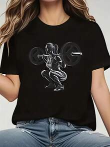 Playera mujer con estampado de levantamiento de pesas estilo fitness deportivo diseño gráfico moderno para entrenamiento y estilo de vida activo OPWT - Negro - Ver 1