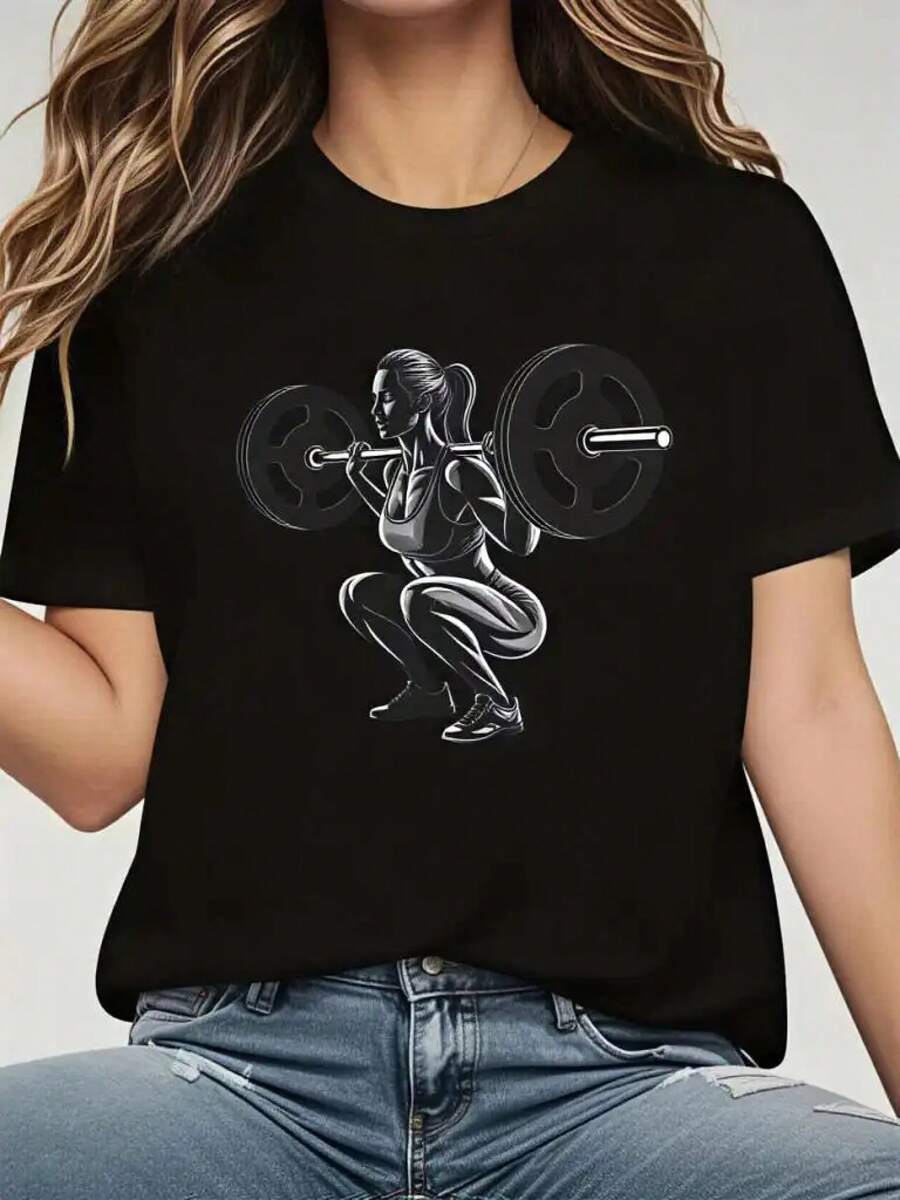 Playera mujer con estampado de levantamiento de pesas estilo fitness deportivo diseño gráfico moderno para entrenamiento y estilo de vida activo OPWT - Negro - Ver 1