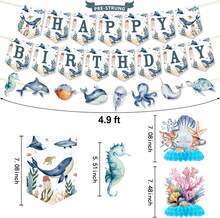 Under The Sea Birthday Party Decorations Set, Pre-Strung Happy Birthday Banner With Ocean Animal Accents And Coral Shell Honeycomb Centerpieces - Ocean Bday - View 4