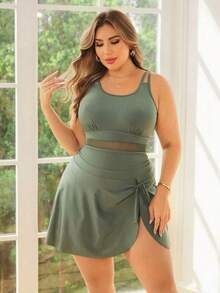 yonghongmaoyi1 Swim Lushoire Traje de baño de una pieza para mujer de talla grande, elegante, de playa, casual, vacacional, con cintura ajustable, do - Verde militar - Ver 4