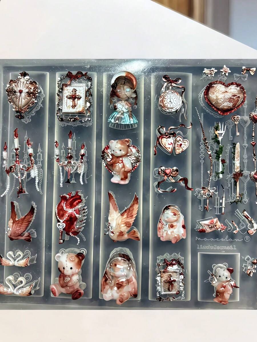 1件裝深色哥德洛可可復古天使神祇玫瑰血蠟燭台十字架3D雕刻美甲矽膠模具 - 無色 - 查看 1