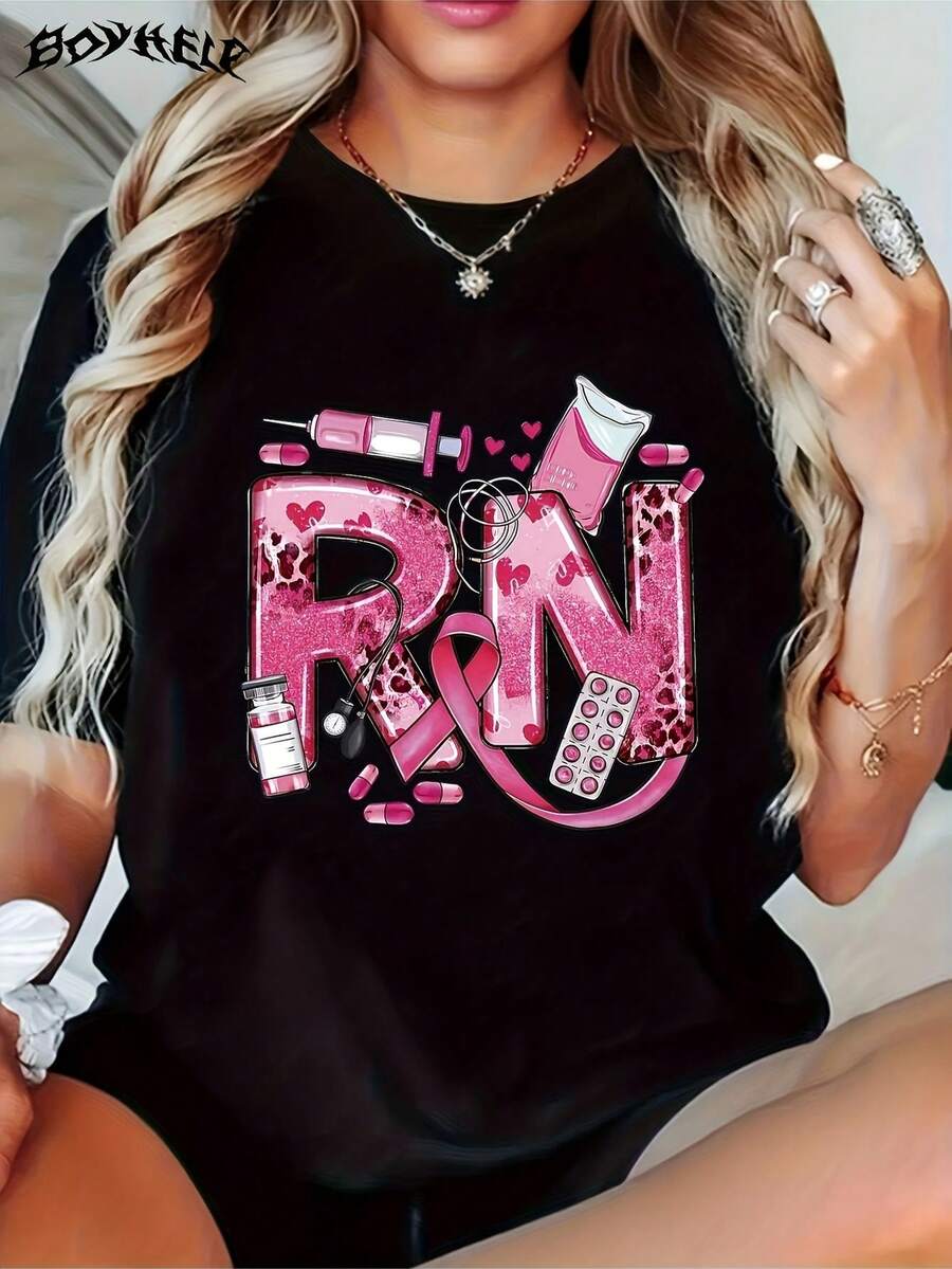 Camisetara mujer con símbolo de enfermera RN, iconos de estampado de leopardo, estetoscopio, jeringa, suave y elástica 0222_0013, perfectara exteriores, fiestas o regalos, colores b...