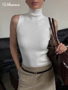 VIBEWAVE European & American Style Ribbed Knit Sleeveless Crop Top, Fitted Camisole For Summer - Beige - View 2