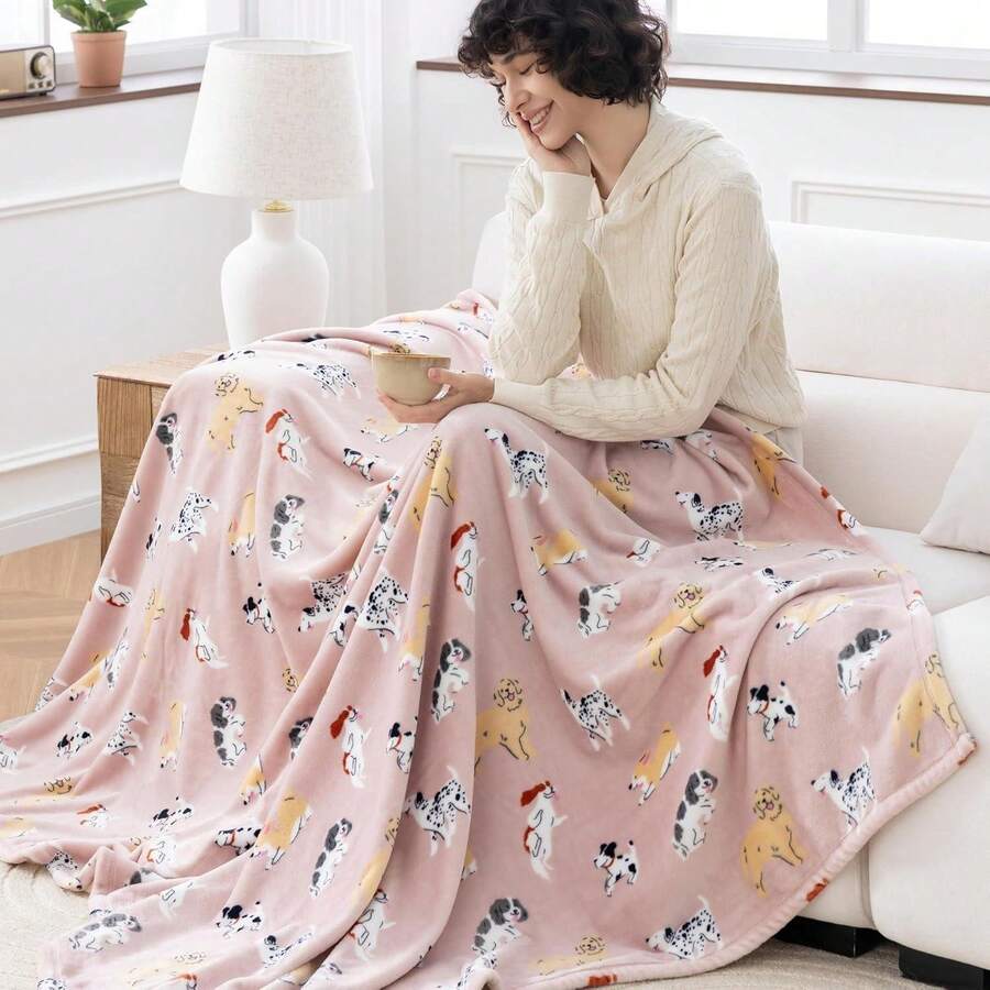 VelvetLoft Printed Flannel Blanket Soft Lightweight Cozy Throw With Cute Pups Pattern For Home Sofa Bed - Baby Pink - View 1