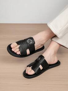 2026 New Men's Summer Casual Crocodile Embossed Open Toe Slide Sandals With Soft Sole - Black - View 1