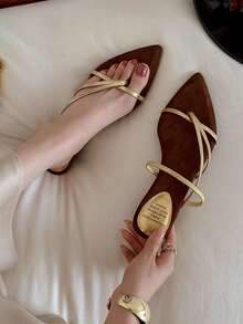 French Style 2-In-1 Strap Pointed Toe Thin Strap Wedge Sandals For Women, 2026 Summer New Vacation Slippers - Gold - View 9