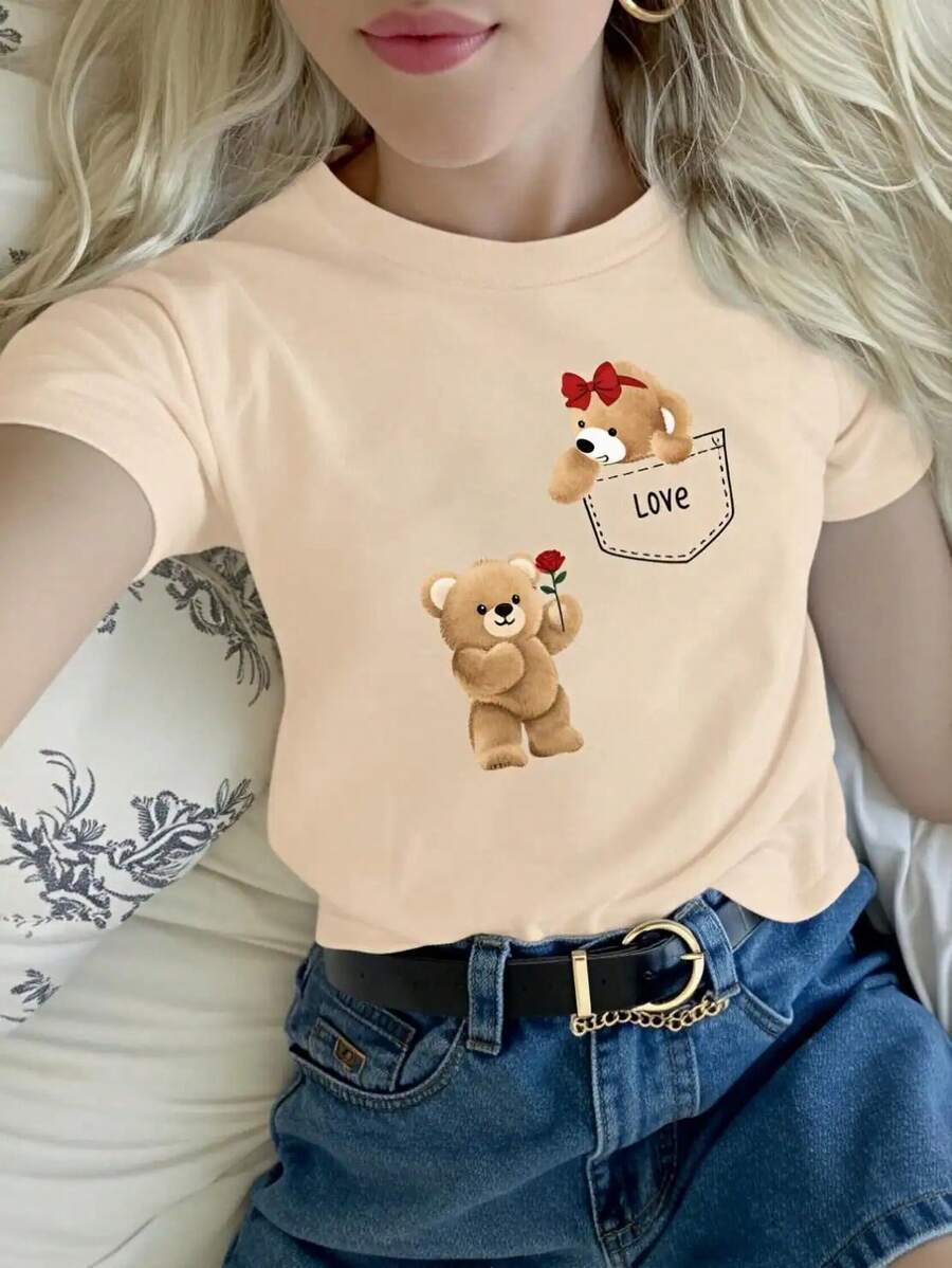 Diseño de oso con bolsillo amoroso Women's T-Shirt estilo kawaii con tema de osos y flores para 8D0X - Blanco - Ver 1
