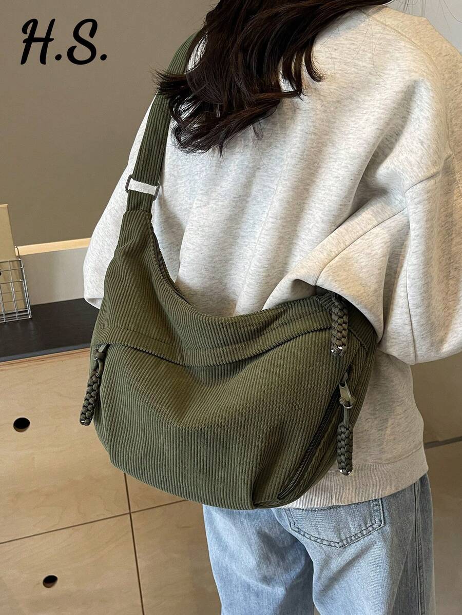 1 件橄榄绿丝绒新月设计可折叠轻便多口袋拉链封口斜挎包,休闲通勤运动学院风单肩手提包,适合秋冬季 - 墨綠色 - 查看 1