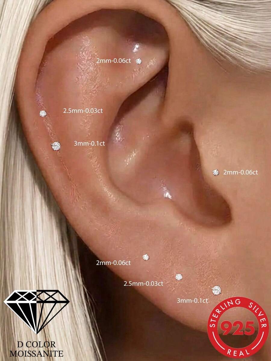 1 pieza Pendiente de Moissanita con Clavo, Plata de Ley 925 Chapada en Oro Blanco de 18K, Pendiente de Espalda Plana, Unisex, Color D, Claridad VVS1 - Plateado - Ver 1