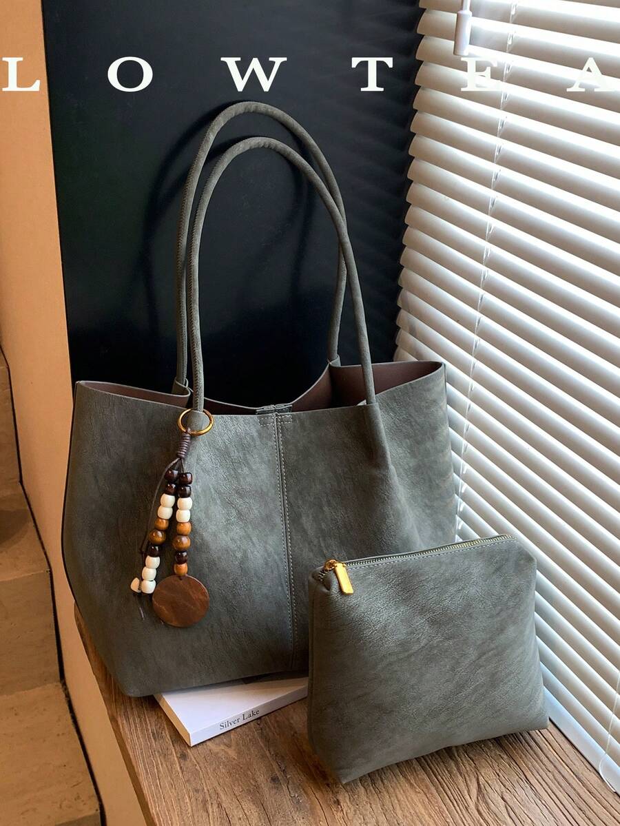 Low Tea 2pcs Solid Color PU Fabric Tote Bag Women's Vintage Fashion Shoulder Tote Bag Top Double Handle Design Snap Closure Suitable For Travel, Shopping, Dating, Women's Gift, Perfect For Commuting, Outdoor, Travel, Outing (With Pendant)