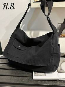 1pc Retro Minimalist Flip Cover Crossbody Bag, Thick Washed Canvas Casual Versatile Large Capacity Messenger Bag, Collegiate Style Suitable For University Students, Short Trip, Simple Street Bag - Black - View 1