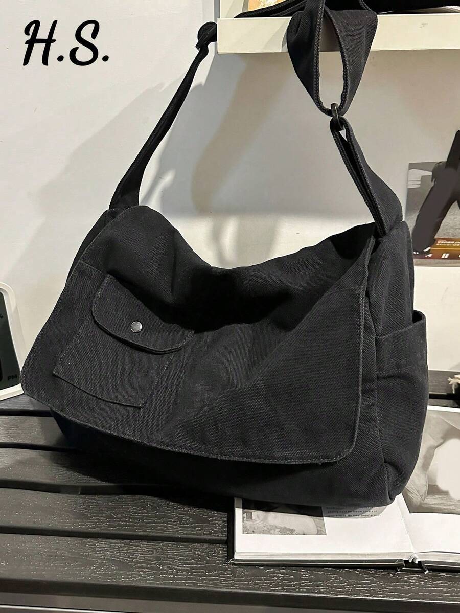 1pc Retro Minimalist Flip Cover Crossbody Bag, Thick Washed Canvas Casual Versatile Large Capacity Messenger Bag, Collegiate Style Suitable For University Students, Short Trip, Simple Street Bag - Black - View 1
