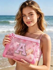 Pink Heart Mesh Letter Embroidery Storage Pouch, Printed Zipper Small Clutch, Lightweight Breathable Portable Makeup Bag, Can Store Pills, Cold Medicine, Common Medicines, Also Store Earrings, Coins, Beauty Tools, Suitable For Daily Commute, Short Trips, Outdoor Outings, Home Storage, Suitable For Girls, Moms, Students, Business Travelers, Birthday, Back To School, Vacation Gifts, Mini Sundries Storage Bag, Portable Makeup Pouch - Multicolor - View 10