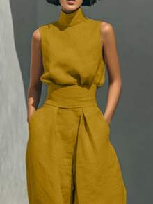 Women's Linen Sleeveless Turtleneck Jumpsuit, High Waisted Wide Leg Pants Jumpsuit With Pockets, Elegant Casual Summer Romper For Work & Vacation - 黃色 - 查看 2