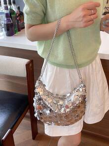 1pc Gold New Style PVC Sequin Crescent Moon Bag Women's Shoulder Bag Chain Shoulder Bag Dumpling Bag Metal Chain - Multicolor - View 8