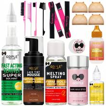 Goiple 16/17pcs Lace Tint Wig Install & Edge Perfecting Kit – Extreme Firm Hold Lace Wig Adhesive,Tint Mousse, Long-Lasting Edge Control & Wax Stick, Fast Melting Spray And Remover, Sweatproof, Curly/Wavy/Straight Hair,Wig Caps,Styling Brushe,Elastic Band - 17件深棕色+除膠劑 - 查看 1