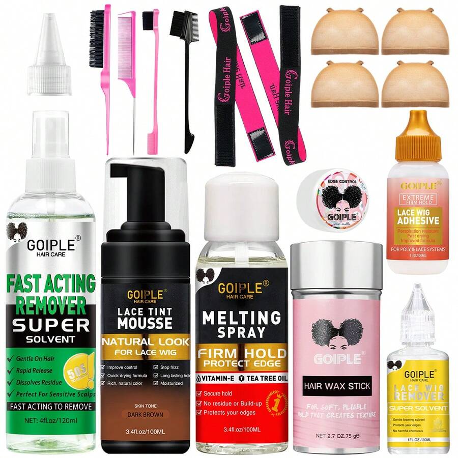 Goiple 16/17pcs Lace Tint Wig Install & Edge Perfecting Kit – Extreme Firm Hold Lace Wig Adhesive,Tint Mousse, Long-Lasting Edge Control & Wax Stick, Fast Melting Spray And Remover, Sweatproof, Curly/Wavy/Straight Hair,Wig Caps,Styling Brushe,Elastic Band - 17件深棕色+除膠劑 - 查看 1