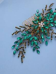 1pc Handmade Green Rhinestone Leaf Hair Comb, Elegant Bridal Hair Accessory For Wedding, Prom, Party - Green - View 5