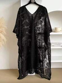 1pc Solid Color Elegant Floral Pattern Lace Hollow Out Shawl, Women's Summer Travel Sun Protection Beach Pullover V-Neck Wrap, Suitable For Vacation And Travel - Black - View 2