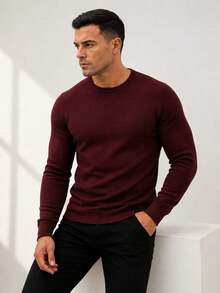 Men's Basic Knitting Sweater Round Neck Long Sleeve - Burgundy - View 9