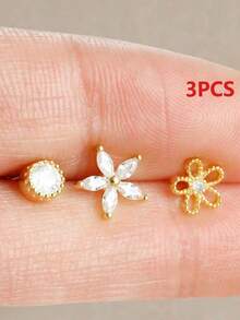 3件套不锈钢耳骨耳环套装，女士金色耳夹耳钉，时尚饰品 - 3pcs Earrings set - 查看 7