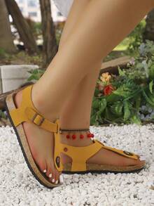 New Cork Sole T-Strap Open Toe Casual Slippers, Comfortable Fashion Commute Daily Sandals For Women - Mustard Yellow - View 5