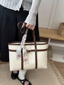 Bolso tote de hombro de gran capacidad con bufanda gratis, color liso, estilo casual de moda para uso diario, bolso de mano de PU con patchwork de bloques de color - Beis - Ver 2