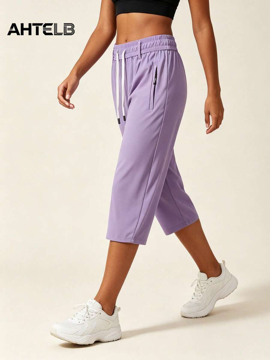 AHTELB Women's Summer Casual 3/4 Length Pants, Ice Silk Quick-Dry Breathable, Elastic Waist Drawstring Design Sports - Purple - View 1